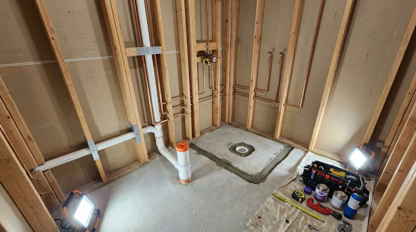Bathroom rough-in plumbing during remodel by Johns Plumbing LLC in South Deerfield