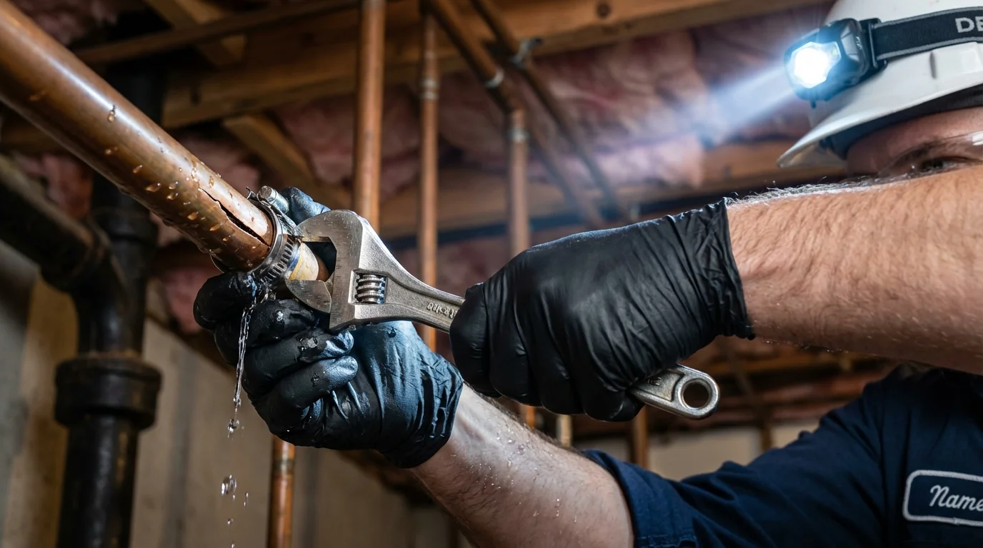 Emergency pipe clamp repair being performed by a Johns Plumbing LLC plumber in South Deerfield