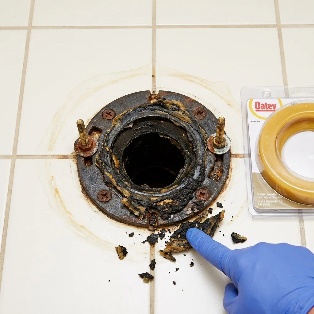 Failed wax ring showing water seepage at the base of a toilet in a South Deerfield, MA home