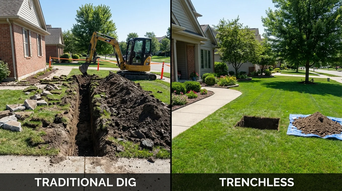 Trenchless sewer repair with minimal yard damage versus traditional excavation in South Deerfield, MA