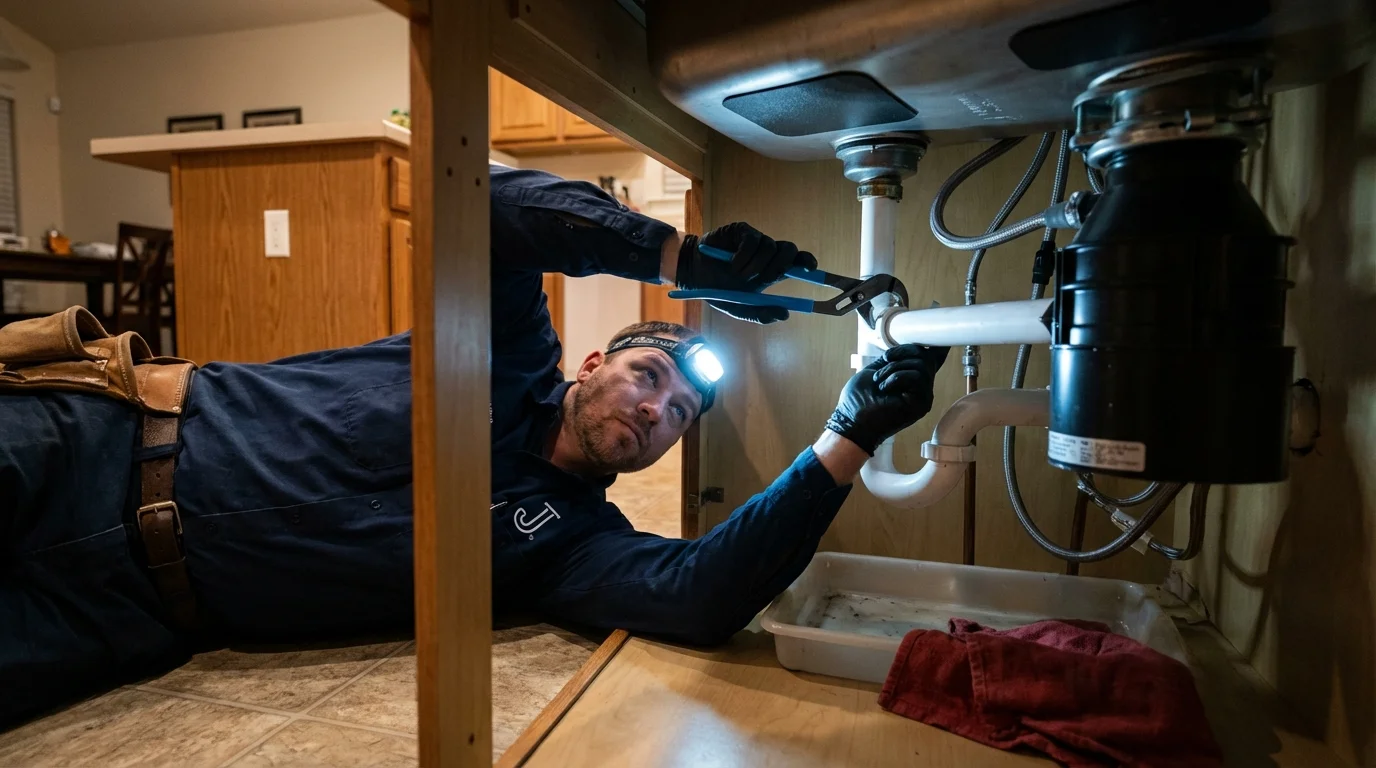 P-trap and supply line connections under a kitchen sink showing a common leak point in South Deerfield, MA